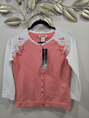 Cherokee Coral Pink Cardigan with White Scalloped Trim Size S
